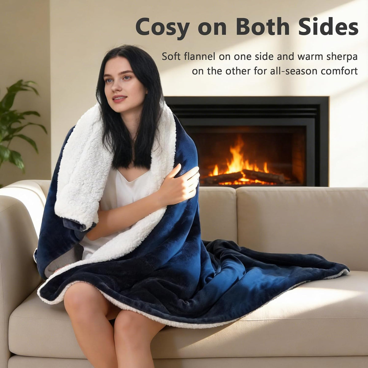 LINENOVA Sherpa Fleece Throw Blanket 127 x 152 cm, Thick & Warm Cozy Blanket for Winter, Soft Fuzzy Plush Throw for Sofa, Bed, Pets - Navy