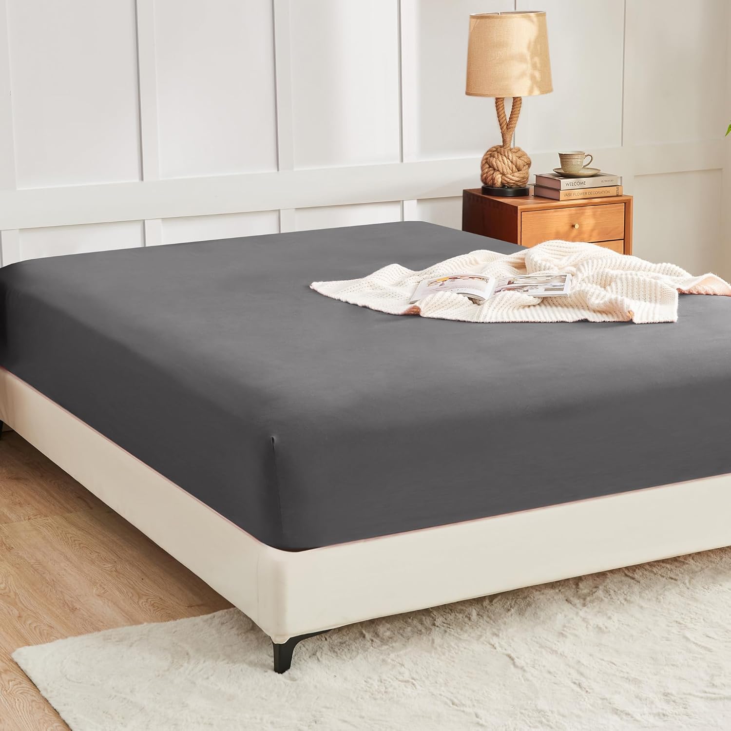 LINENOVA King Single Fitted Sheet – Ultra Soft 1800TC Double Brushed Microfiber, Deep Pocket Fits Mattresses up to 40cm – 1 Piece -Dark Gray