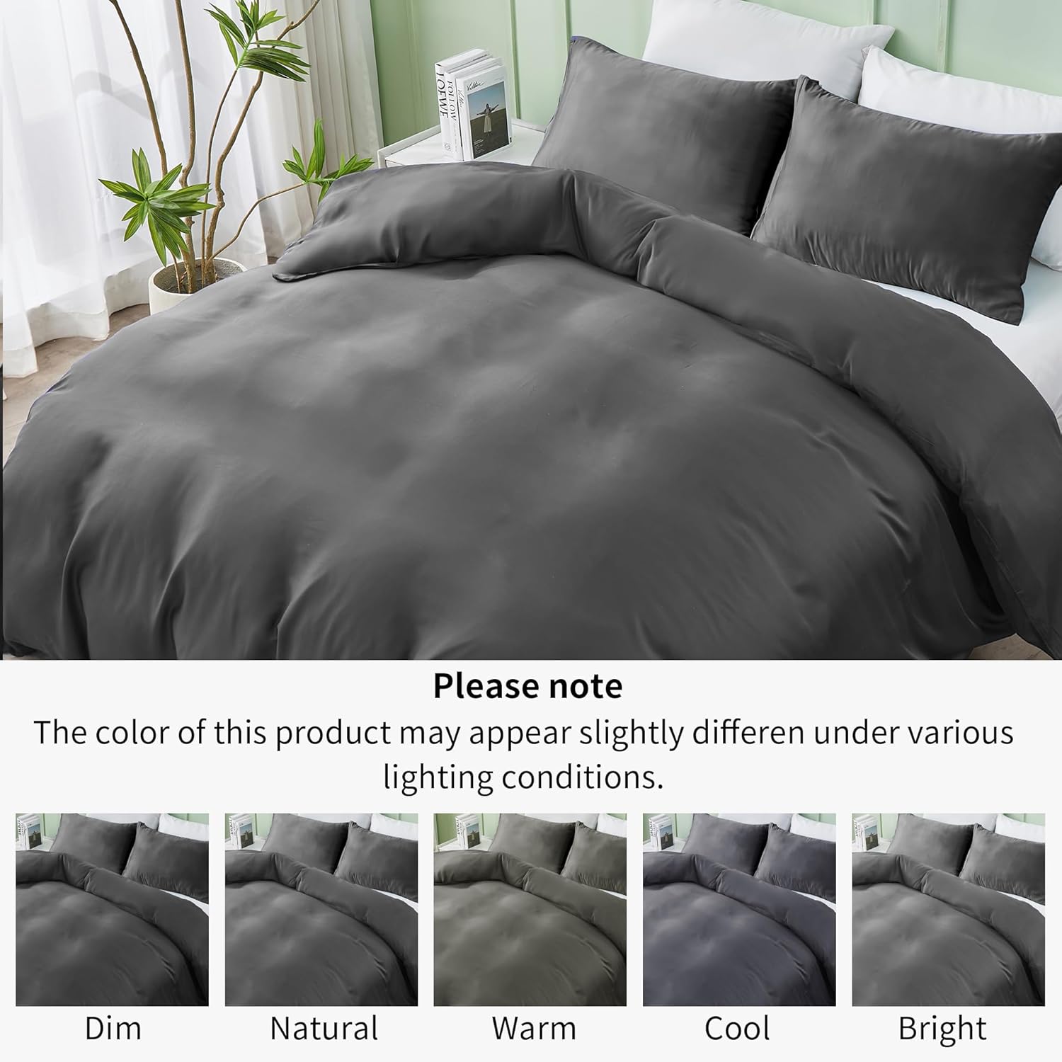 LINENOVA 100% Bamboo Quilt Cover Set Queen Size - Cooling Breathable for Hot Sleepers- Silky Smooth 3pcs Doona Cover Set with Corner Ties & Button Closure - (Charcoal, Queen)