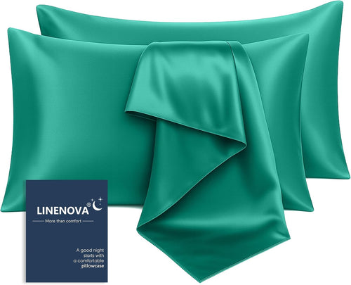 LINENCART Silky Satin Pillowcases Set of 2 – Queen Size 51x76cm, Frizz Control & Gentle on Skin, Silk-Like Feel with Envelope Closure – Gift Ready – Dark Green