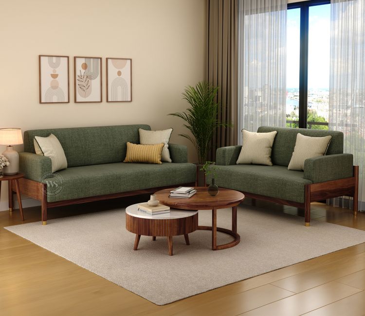 Kairav Modern 3+2 Wooden Sofa Set with Premium Upholstery (Sage Green)