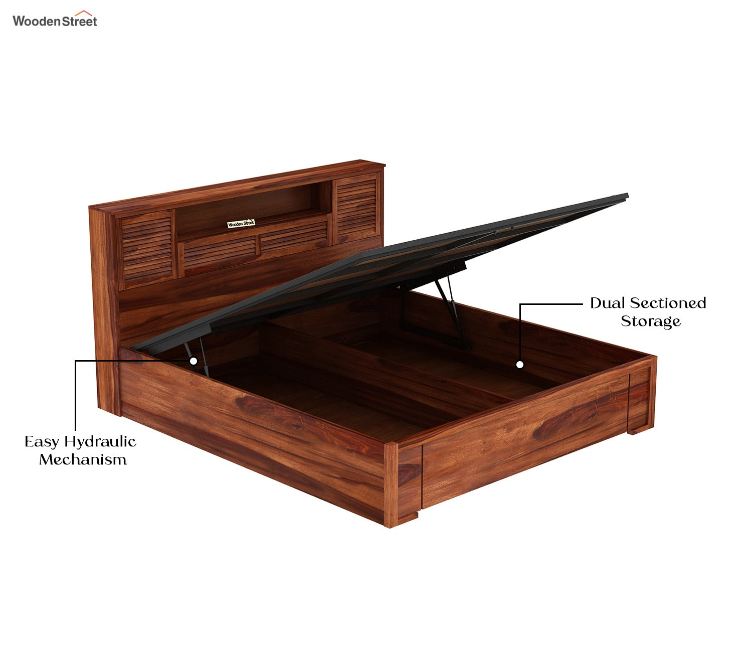 Ferguson Sheesham Wood Hydraulic Bed With Storage (Queen Size, Honey Finish)