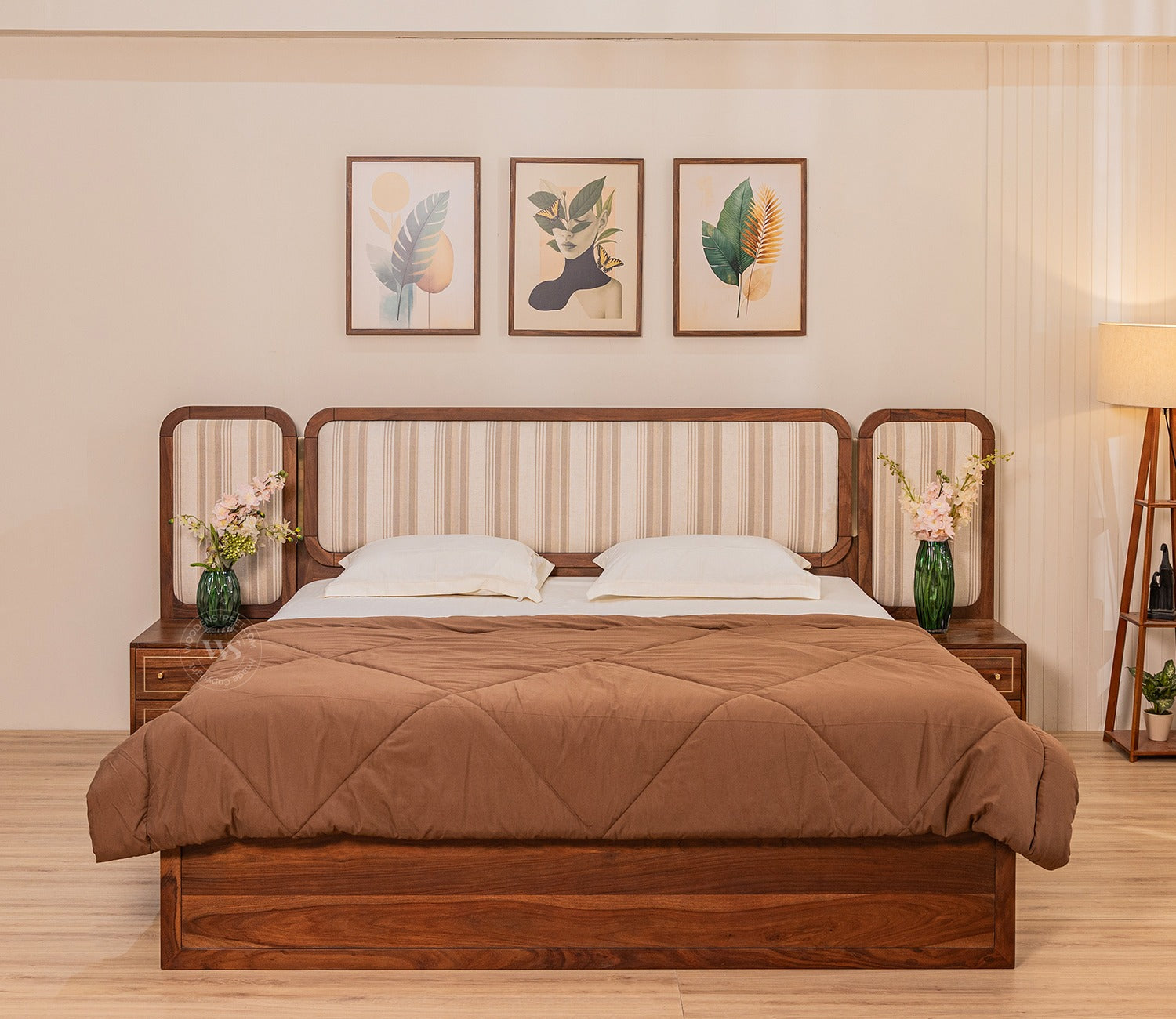 Iransh Premium Sheesham Wood Bed with Striped Headboard Drawer Storage and 2 Bedside Tables (King Size, Cream Stripe)
