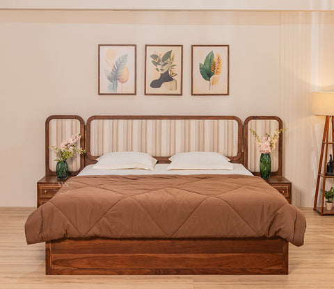 Iransh Premium Sheesham Wood Bed with Striped Headboard Drawer Storage and 2 Bedside Tables (King Size, Cream Stripe)
