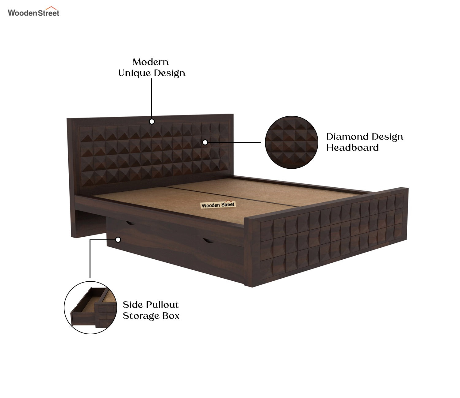 Morse Sheesham Wood Bed with Drawer Storage (King Size, Walnut Finish)