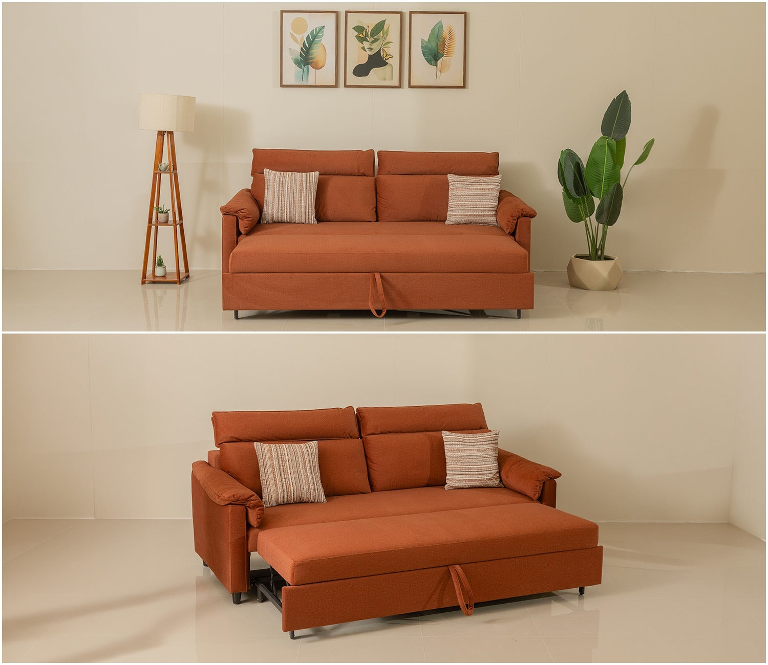 Bruna 3-Seater Convertible Sofa Cum Bed | Pull-Out Mechanism | Adjustable Backrest | Premium Fabric Upholstery | Space-Saving Design (Orange)