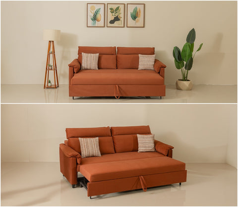Bruna 3-Seater Convertible Sofa Cum Bed | Pull-Out Mechanism | Adjustable Backrest | Premium Fabric Upholstery | Space-Saving Design (Orange)