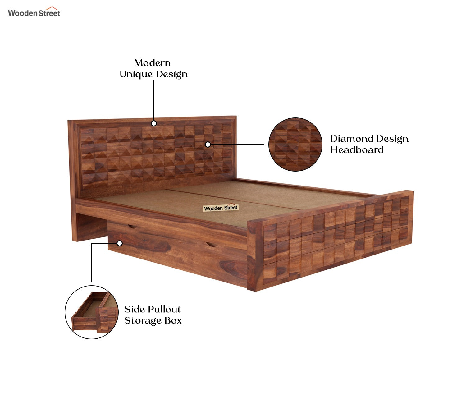 Morse Sheesham Wood Bed with Drawer Storage (King Size, Honey Finish)
