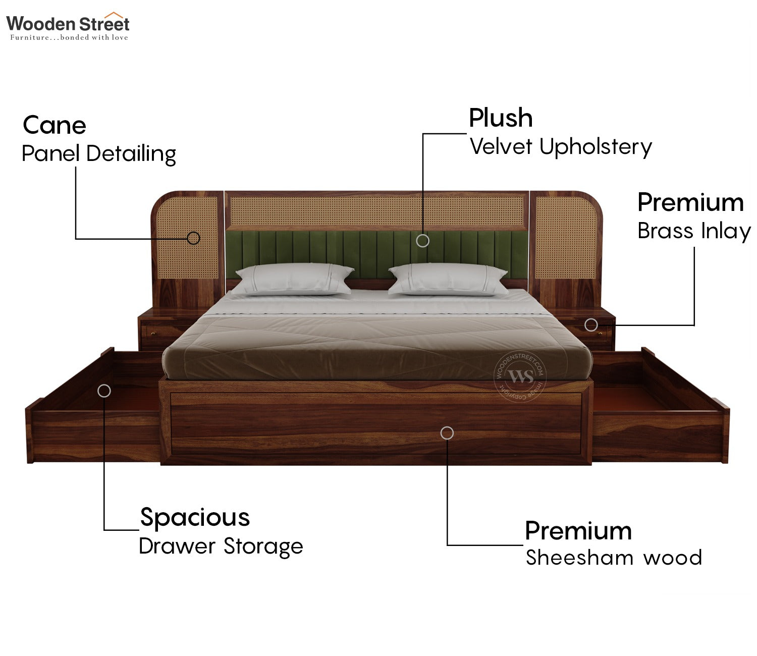 Serah Premium Sheesham Wood Bed with Cane & Velvet Headboard, Drawer Storage & 2 Modular Bedside Tables (Queen Size, Teak Finish)