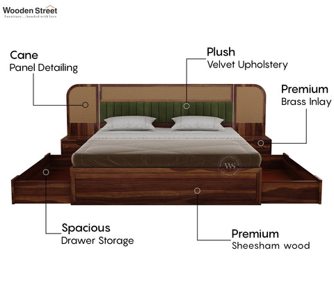Serah Premium Sheesham Wood Bed with Cane & Velvet Headboard, Drawer Storage & 2 Modular Bedside Tables (King Size, Teak Finish)