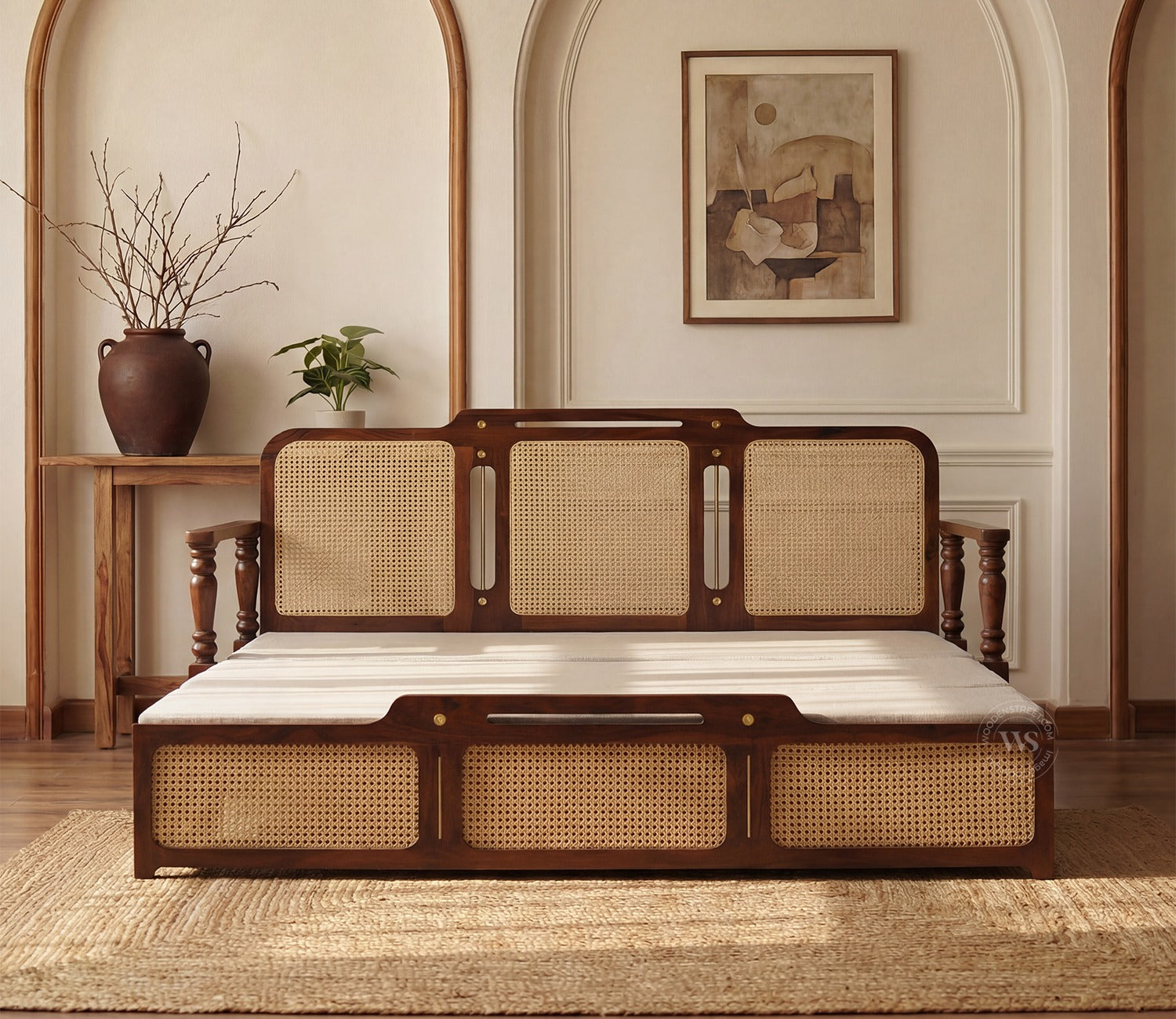 Ayaana Sheesham Wood 3 Seater Sofa Cum Bed with Cane Weaving | Opens to Double Bed (78x62) | Premium Upholstery | Sleeps 2 Adults (Teak Finish, Jade Ivory)