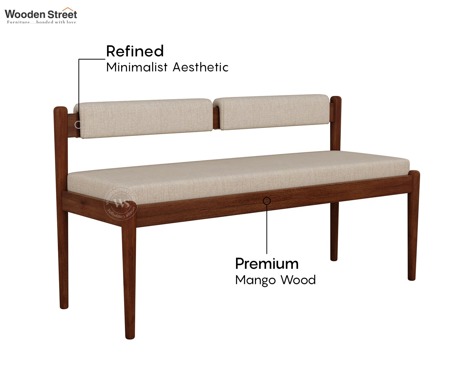 Raavi Mango Wood Upholstered Bench with Backrest (Teak Finish, Jade Ivory)