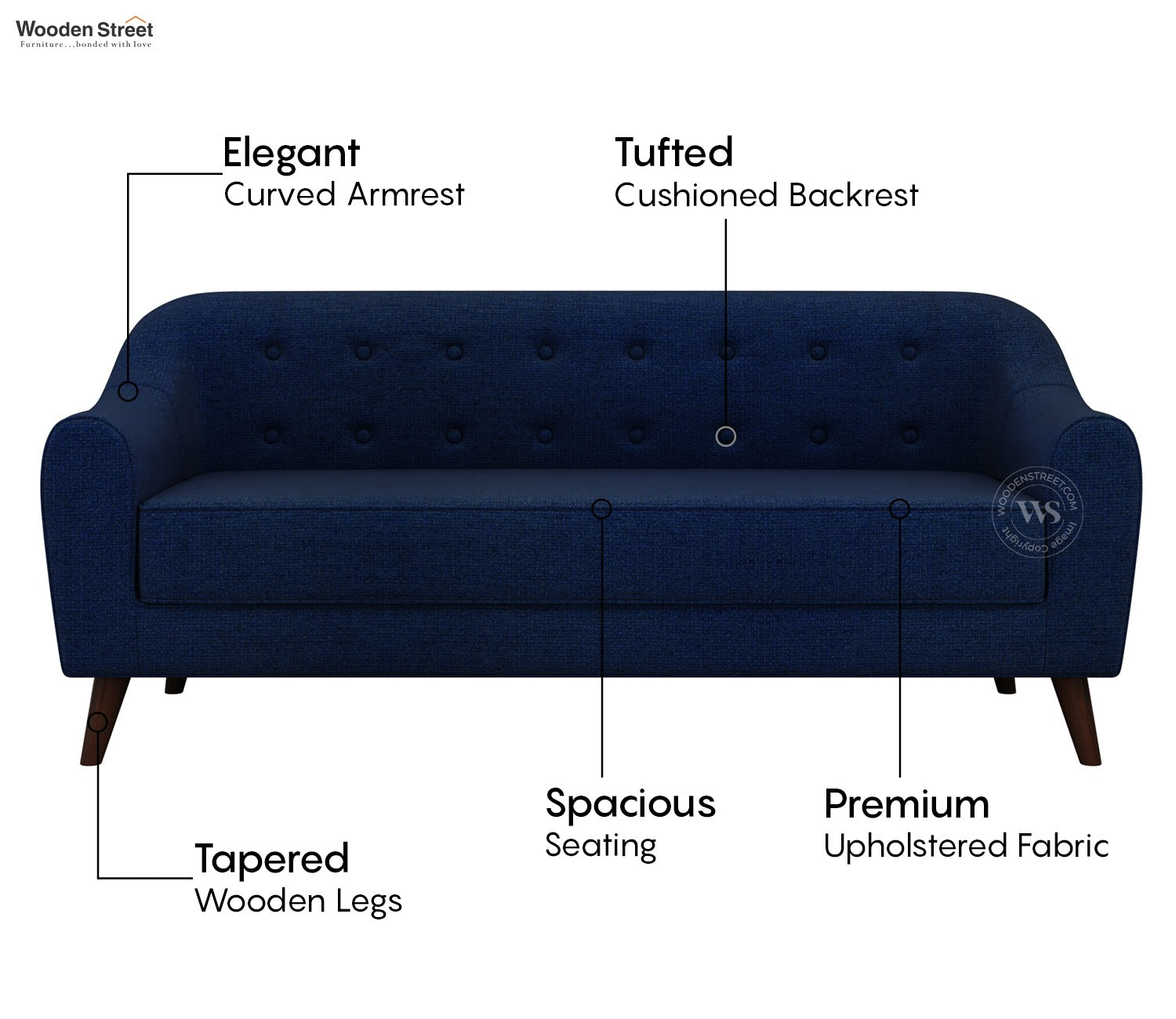 Sibert 3 Seater Fabric Sofa (Azure Blue)