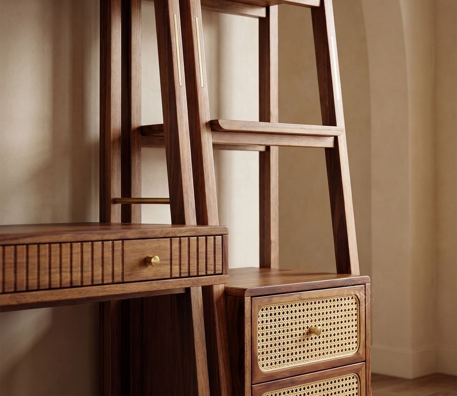 Vyas Sheesham Wood Study Table with Cane Accent, Drawers, Closed and Open Shelves (Teak Finish)