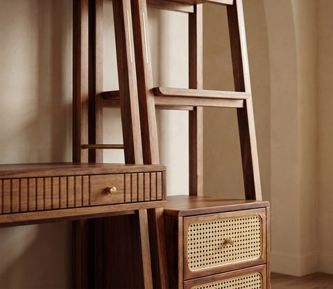 Vyas Sheesham Wood Study Table with Cane Accent, Drawers, Closed and Open Shelves (Teak Finish)