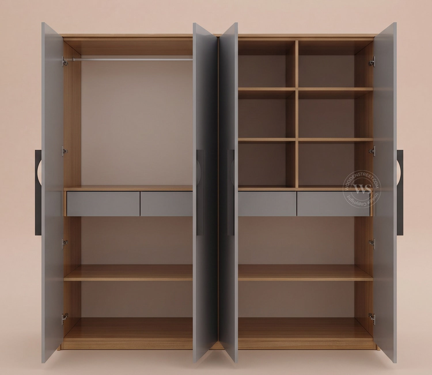 Vespera Engineered Wood Four Door Wardrobe (Gothic Grey, Classic Oak Finish)