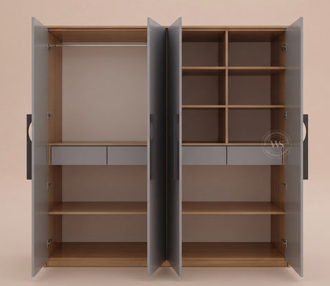 Vespera Engineered Wood Four Door Wardrobe (Gothic Grey, Classic Oak Finish)