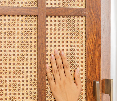 Rida Sheesham Wood Wardrobe with Elegant Cane Detailing and Mirror (Teak Finish)