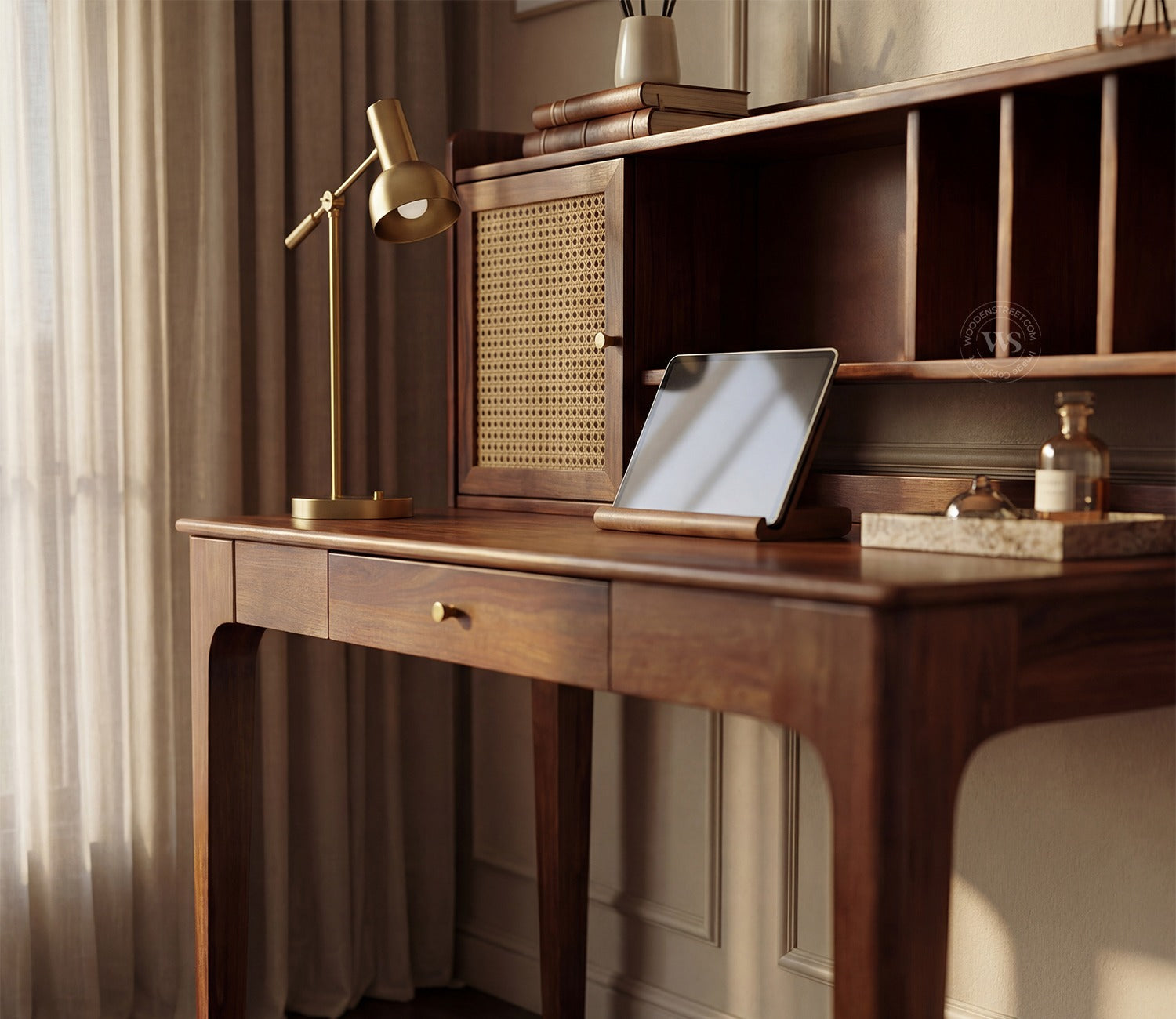 Nirman Sheesham Wood Study Table with Storage & Cane Cabinet (Teak Finish)