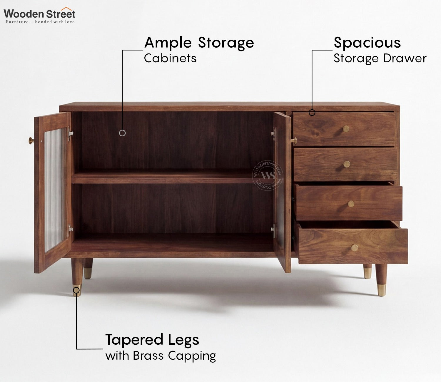 Briska Mango Wood Cabinet with Fluted Glass & Drawer Storage (Teak Finish)