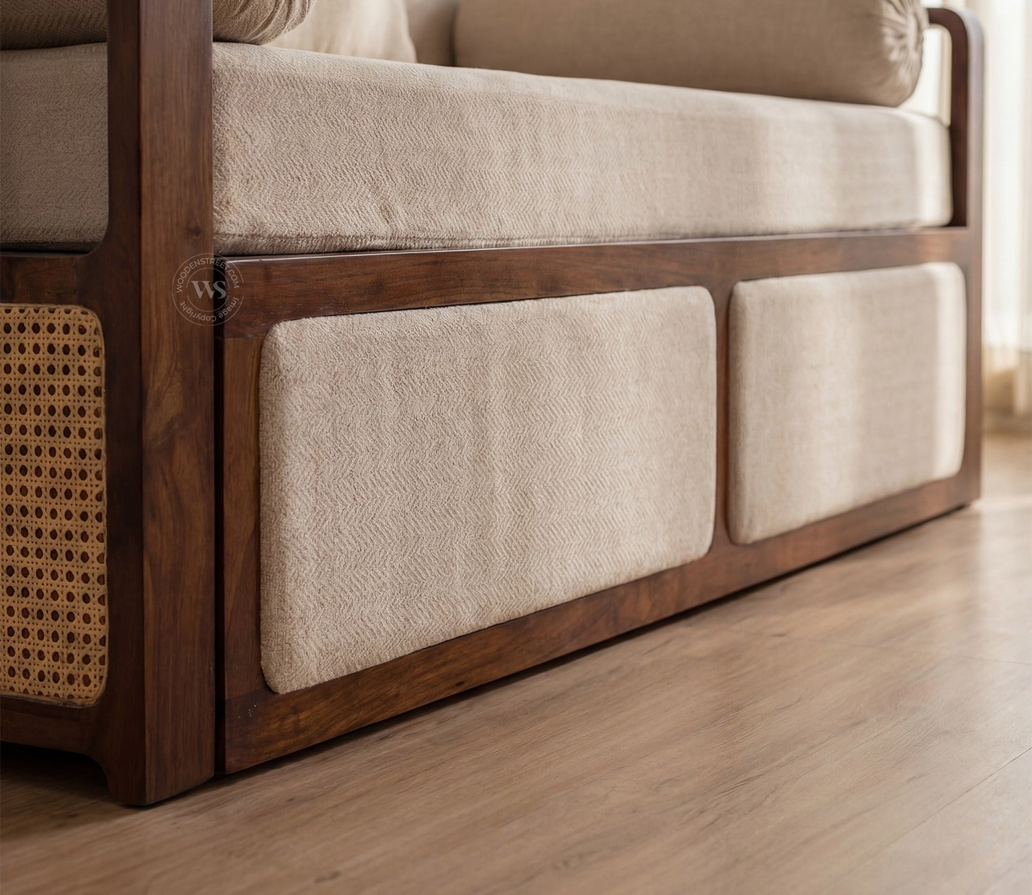 Vaastu 3-Seater Sheesham Wood Sofa Cum Bed in Premium Upholstery with Cane Weaving & Brass Accents (Teak Finish, Cottage Ivory)