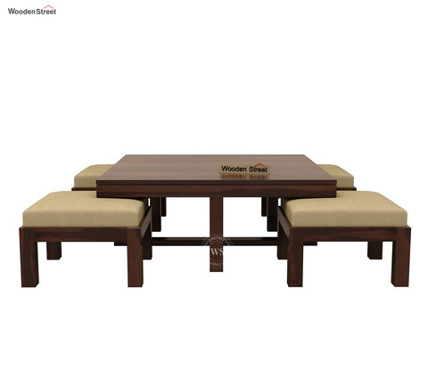 Reid Sheesham Wood Coffee Table with Four Cushioned Stools (Walnut Finish)