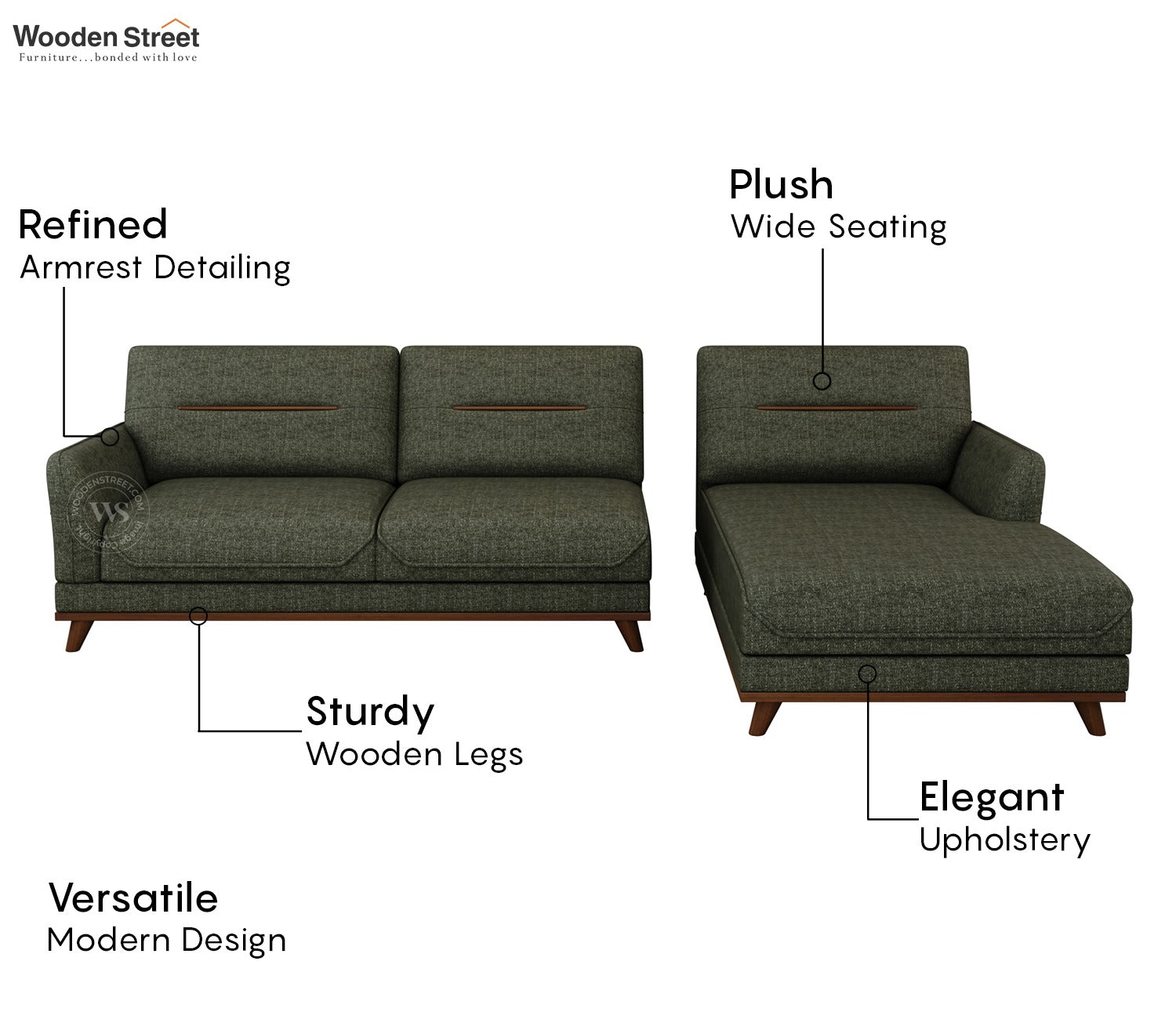 Alvaro L Shape 4 Seater Sofa with Wooden Accents (Sage Green)