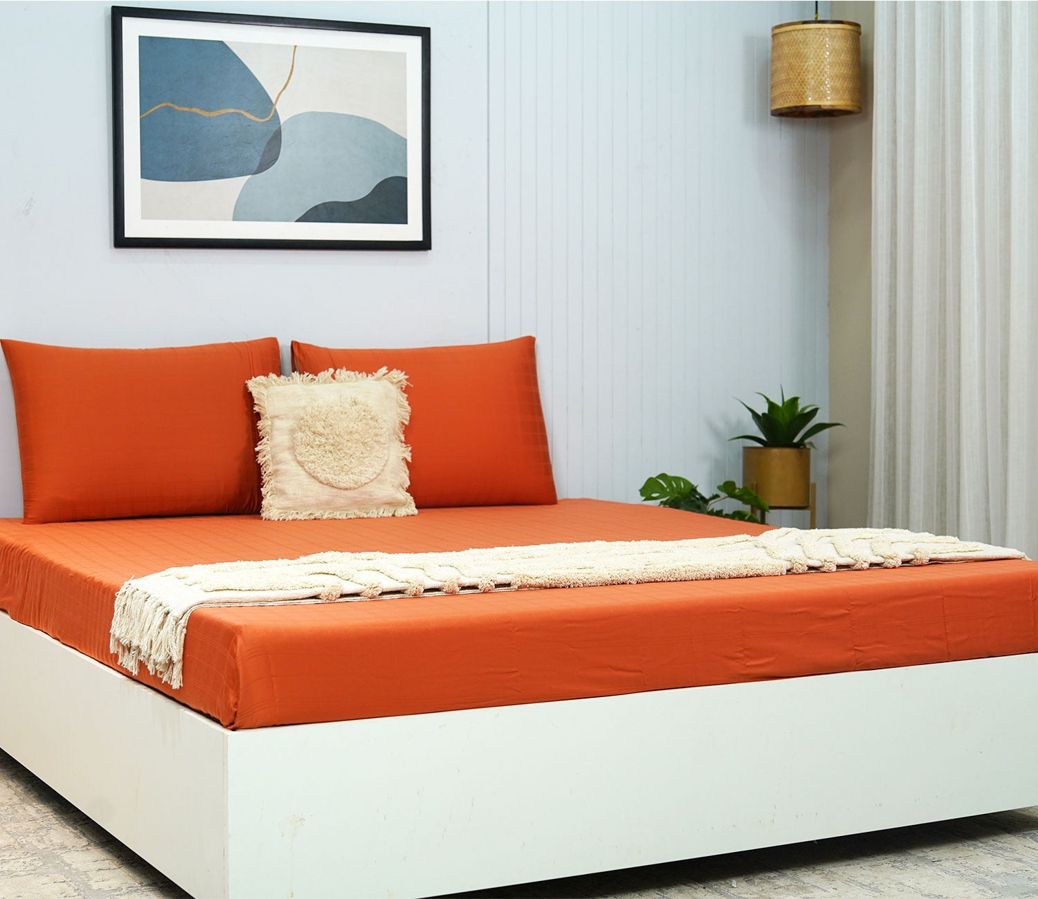 Dobby Checks Organic Bamboo 300 TC 2 Pillowcases and 1 Fitted Bedsheet (Orange, King Size)