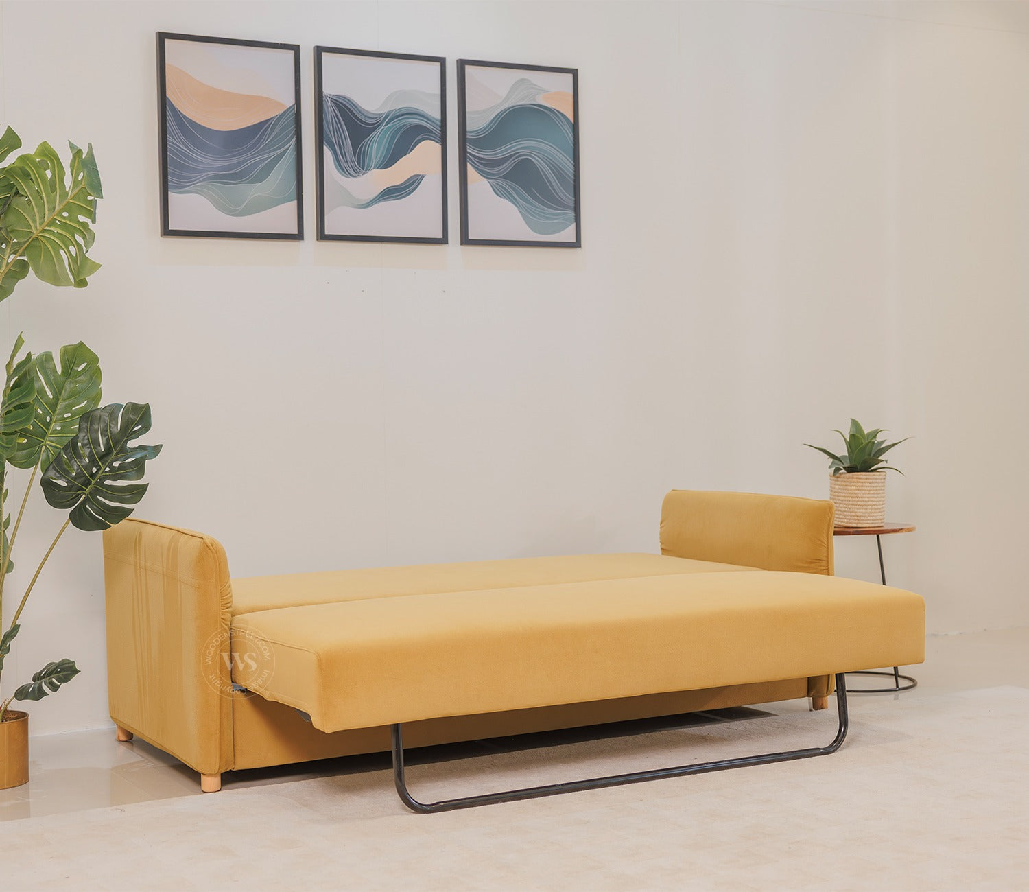 Saffra 3-Seater Sofa Cum Bed | Fold-Out Mechanism | Under-Seat Storage | Fabric Upholstery (Mustard)
