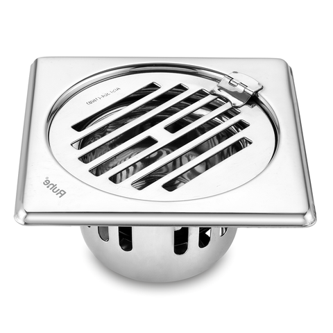 Trueliving_Classic Silver Square 304-Grade Floor Drain with Collar, Hinge & Cockroach Trap (5 x 5 Inches)