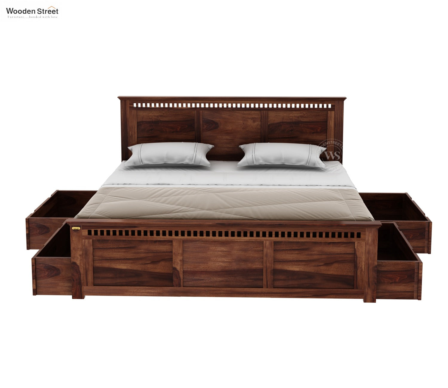 Adolph Sheesham Wood Queen Size Bed With Side Storage (Honey Finish)