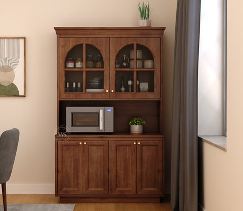 Nivrit Mango Wood Arch Glass Kitchen Cabinet (Teak Finish)