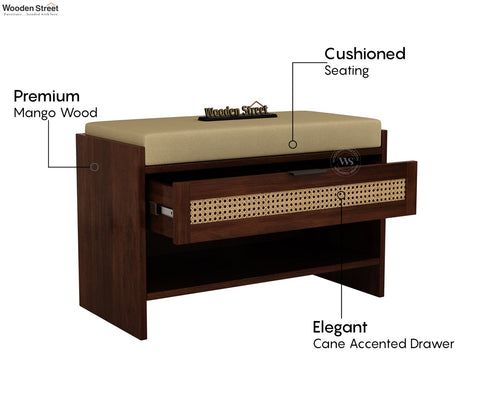 Russet Premium Solid Wood Shoe Rack With Removable Cushioned Seat, Drawer Storage & Cane Detailing (Mango Wood, Teak Finish)