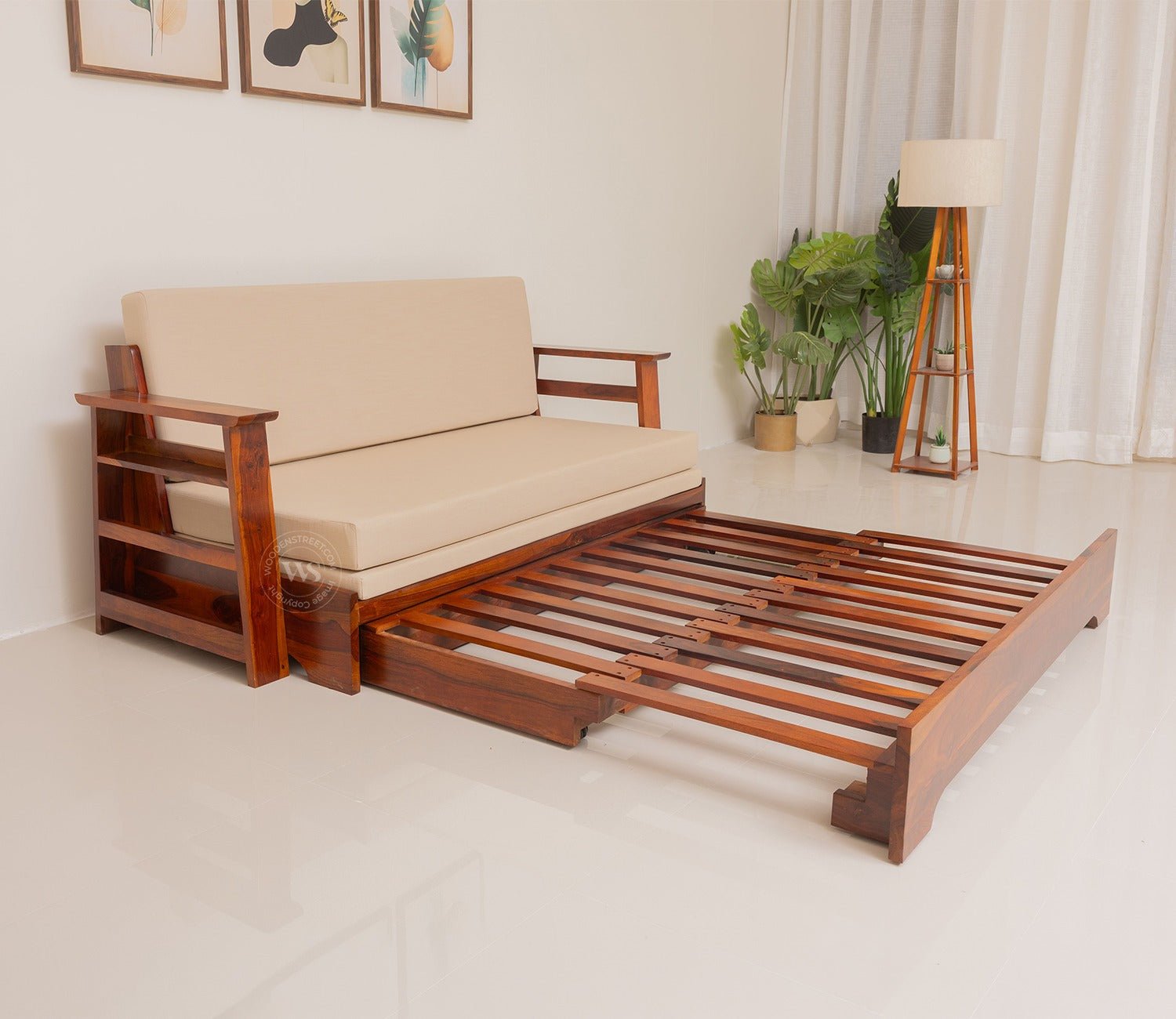Della Sheesham Wood Sofa Cum Bed With Armrests (Honey Irish Cream)