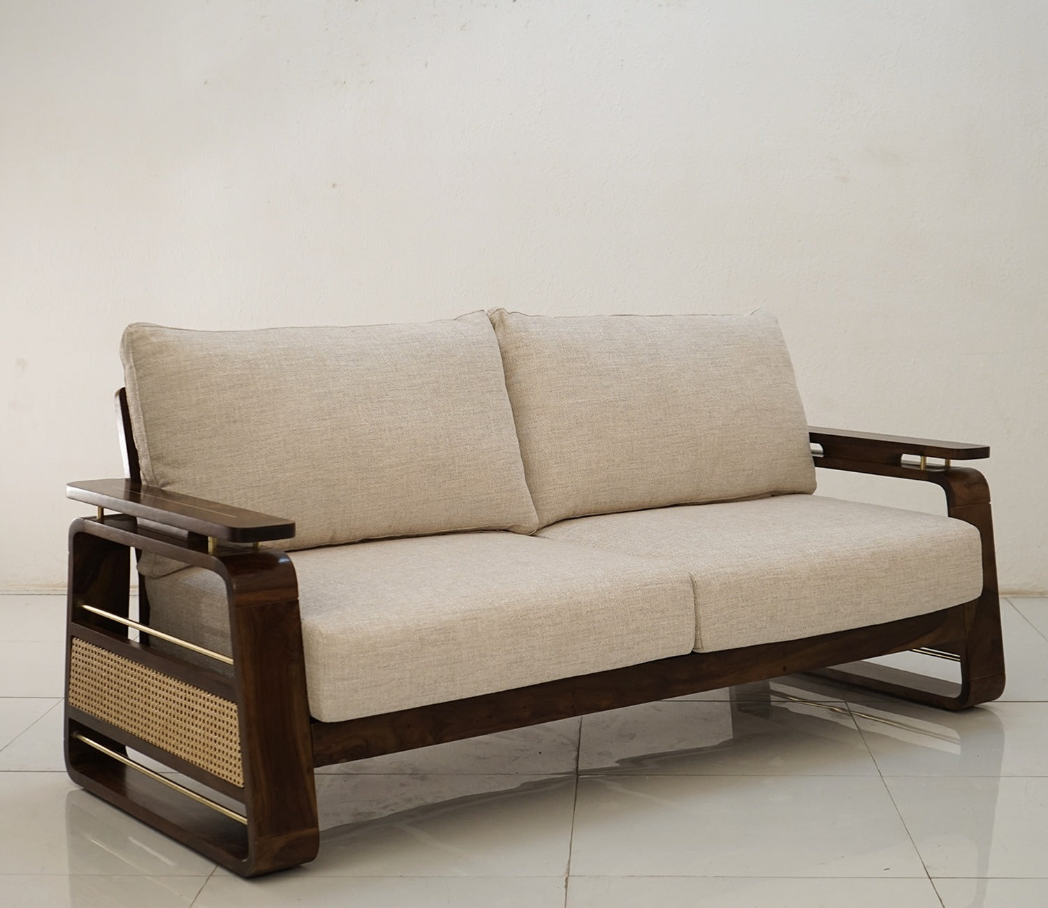 Vedic 3+1+1 Sheesham Wood Sofa Set With Cane and Brass Detailing (Walnut Finish, Jade Ivory)