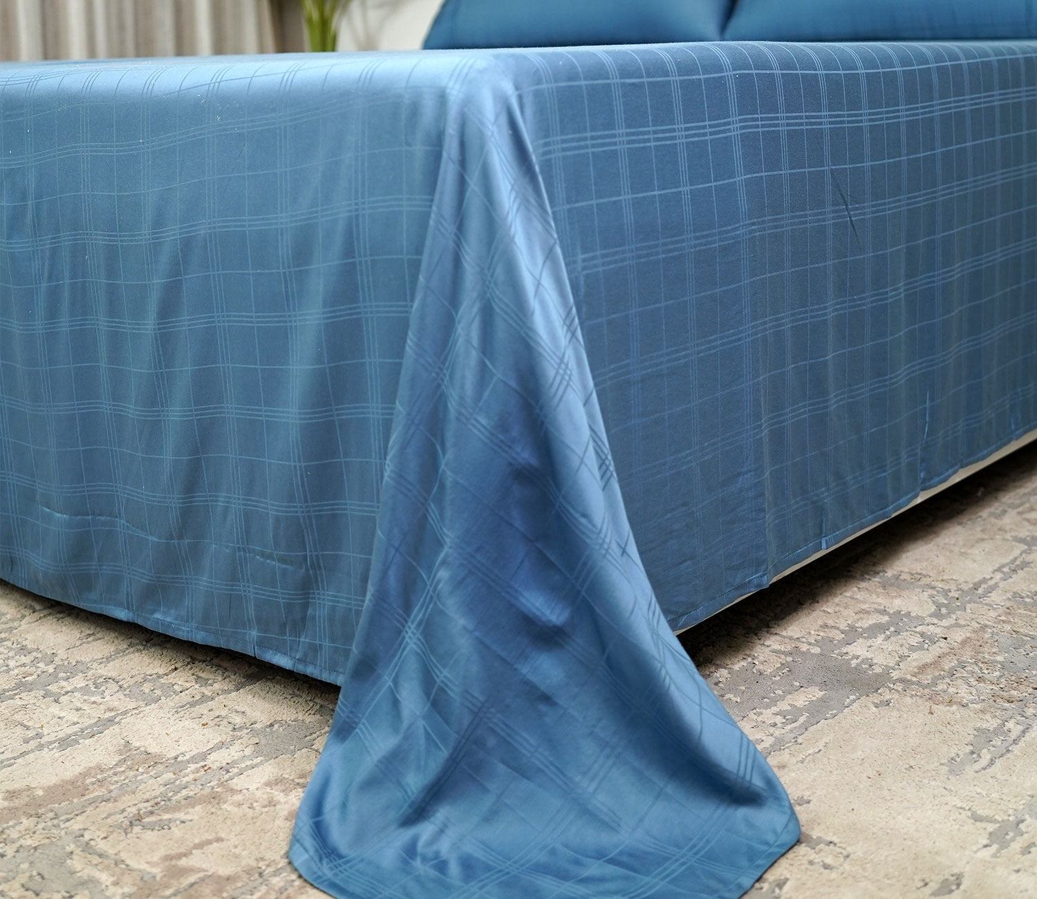 Vegan Dobby Organic Bamboo King Size Bed Sheet with 2 Pillowcases (Blue)