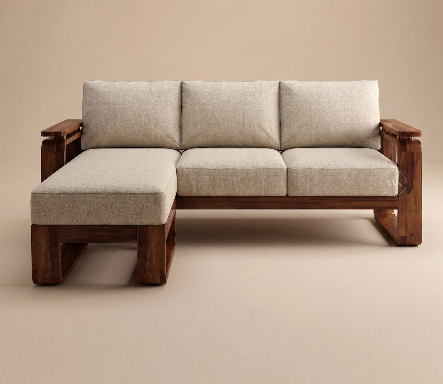 Vedic Sheesham Wood L Shape Left Align Sofa With Cane and Brass Detailing (Honey Finish, Jade Ivory)