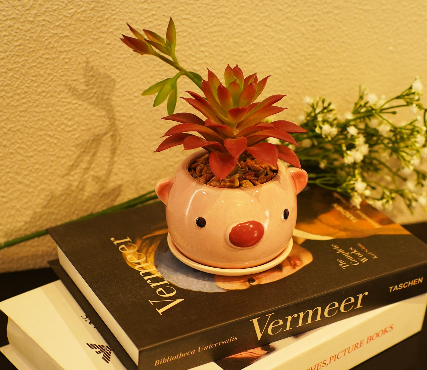 Whimsy Ceramic Enamel Pot With Artificial Flowers (Purple)