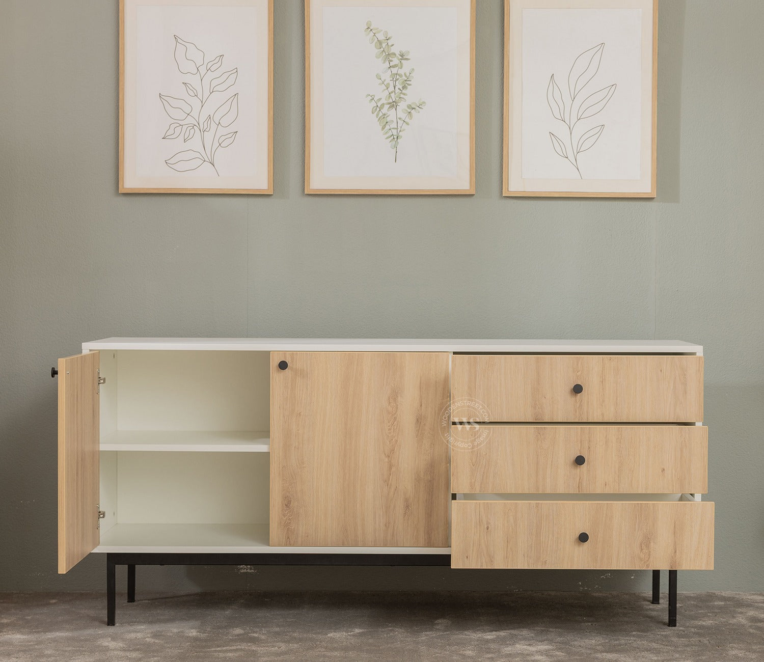Marbay Modern White Sideboard & Cabinet with Textured Front & Metal Base (Engineered Wood, Santana Pattern)