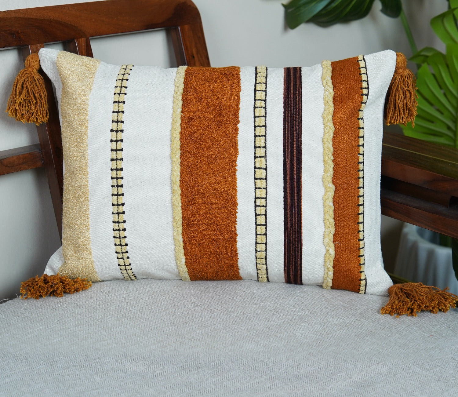 Striped Tasseled Mustard Cotton Cushion Cover -14 x 20