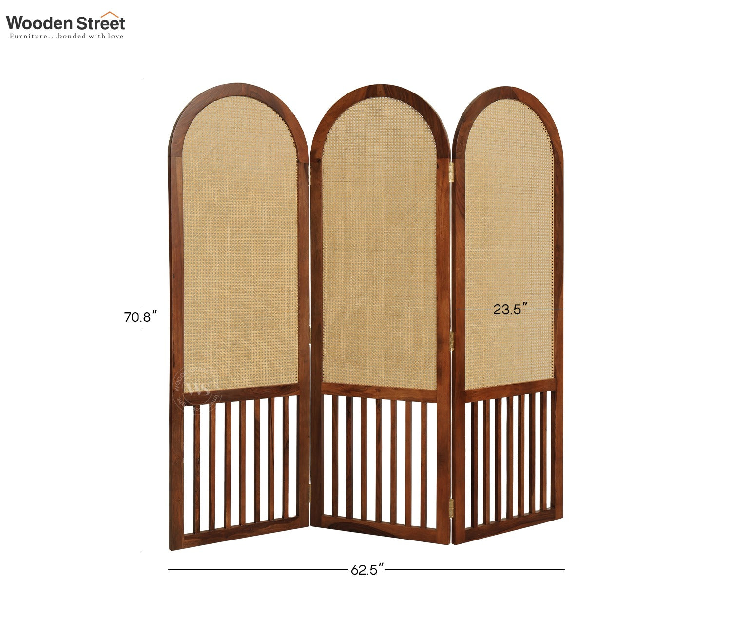 Aavriti Arched Sheesham Wood Room Divider with Natural Cane Weave - Foldable 3 Panel Screen