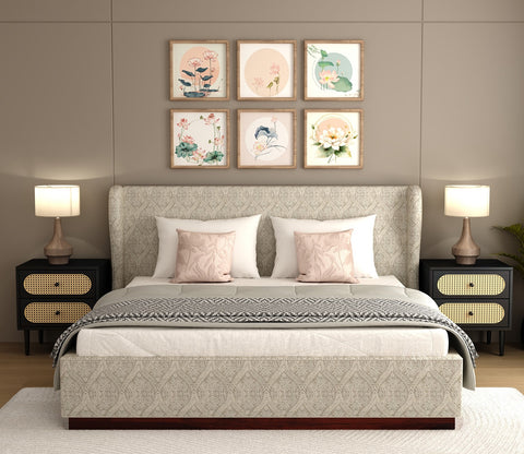Adhiraj Luxurious Fabric Box Storage Bed with Plush Wingback Headboard (King Size, Pavilion Trellis Stone)