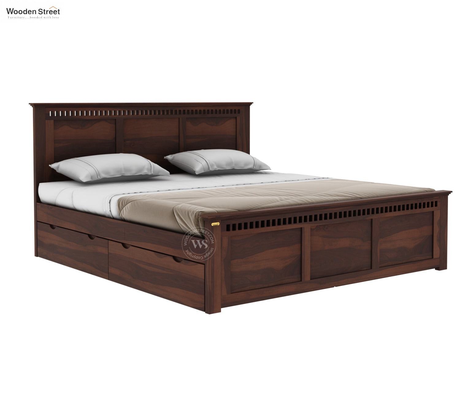 Adolph Sheesham Wood Bed With Side Storage (King Size, Walnut Finish)