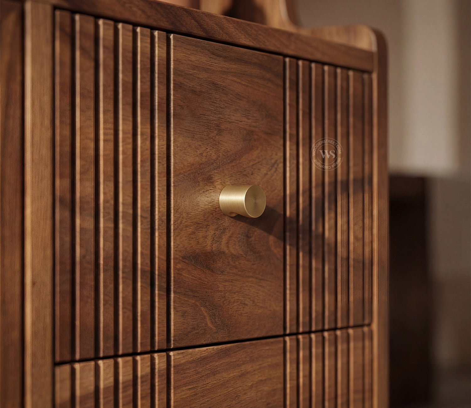Tripti Classic Kitchen Cabinet with Fluted Glass, Cane Weave & Brass Knobs (Teak Finish)