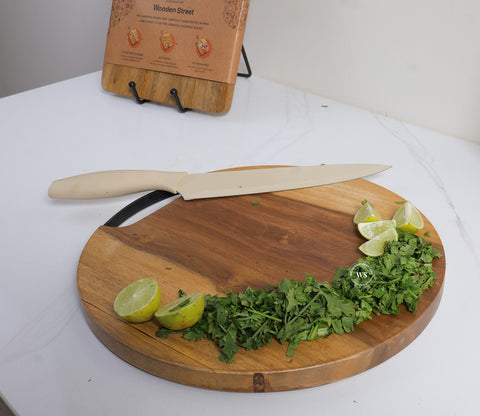 Sage Round Mango Wood Handcrafted Non Slip Chopping Board With Handle for Kitchen