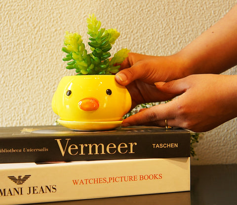 Whimsy Ceramic Enamel Pot With Artificial Flowers (Yellow)