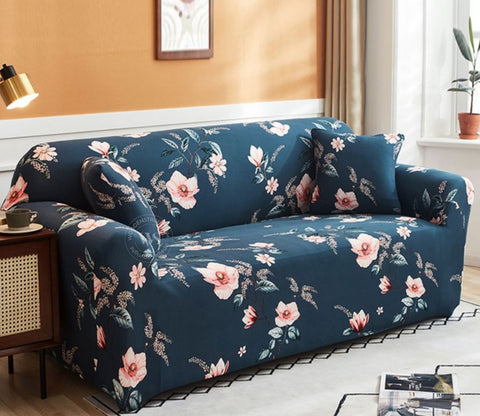 Flaubert Floral Printed Polyester Spandex 2 Seater Sofa Cover (Blue)