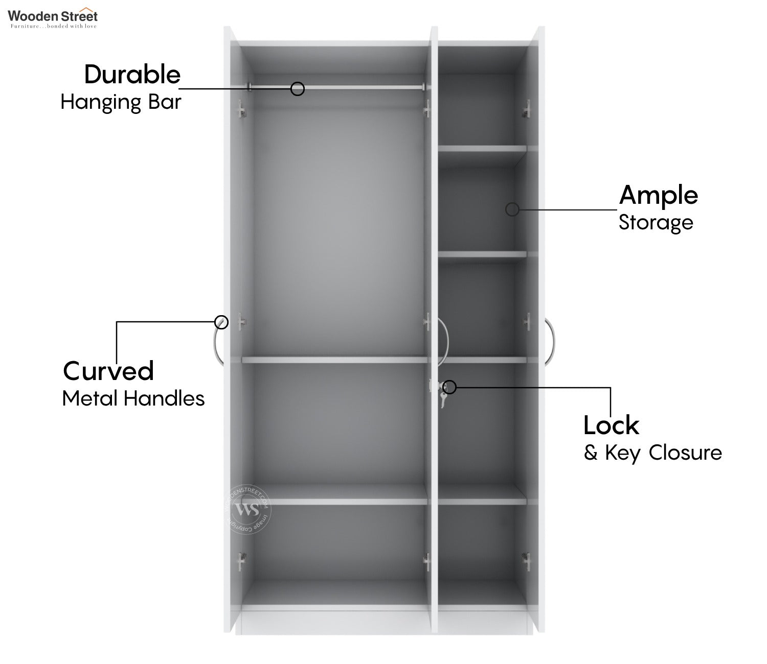 Kayden 3 Door Multi Utility Wardrobe With Hanging Rod & Mirror (Frosty White Finish)