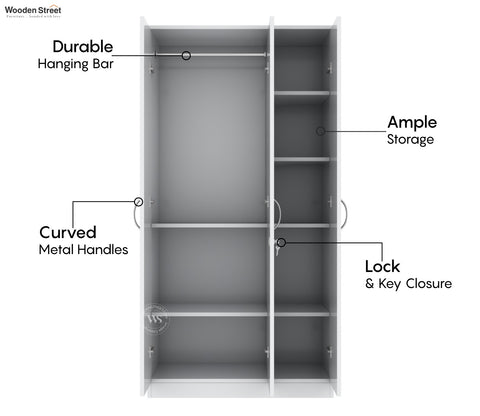 Kayden 3 Door Multi Utility Wardrobe With Hanging Rod & Mirror (Frosty White Finish)