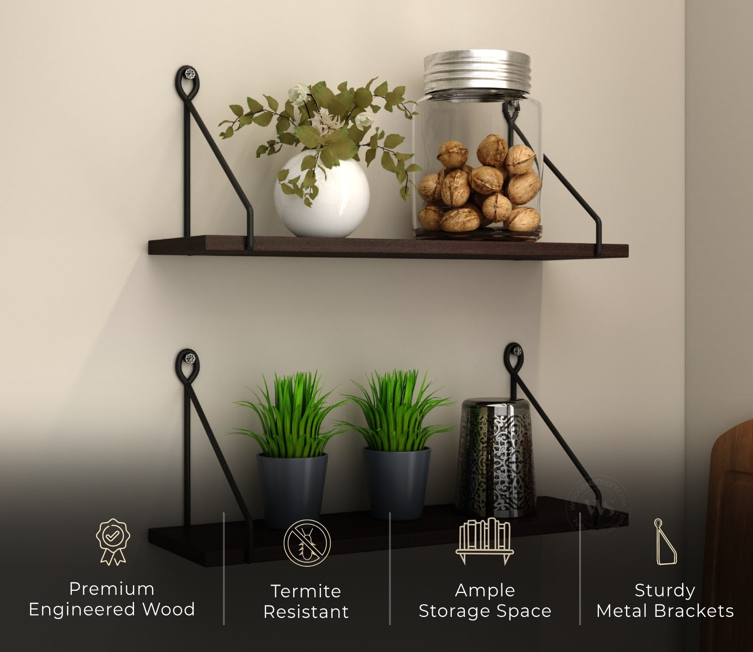 Luna Hanging Wall Shelf, Metallic Black & White Combination Wall Mounted Shelves for Living Room/Bedroom - Set of 2 (Flowery Wenge)